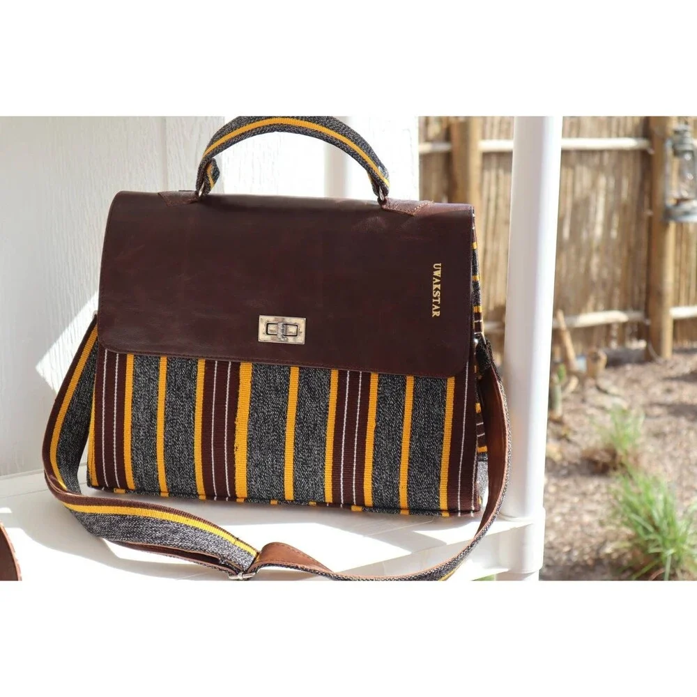Handmade Briefcase crossbody bag, Kente(Ghana) handwoven fabric, laptop bag.